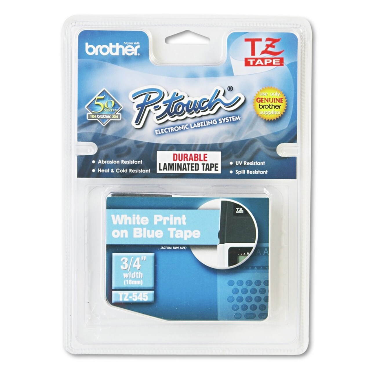 Brother P-Touch 0.7 in. x 26.2 ft. TZe Standard Adhesive Laminated Labeling Tape - White on Blue